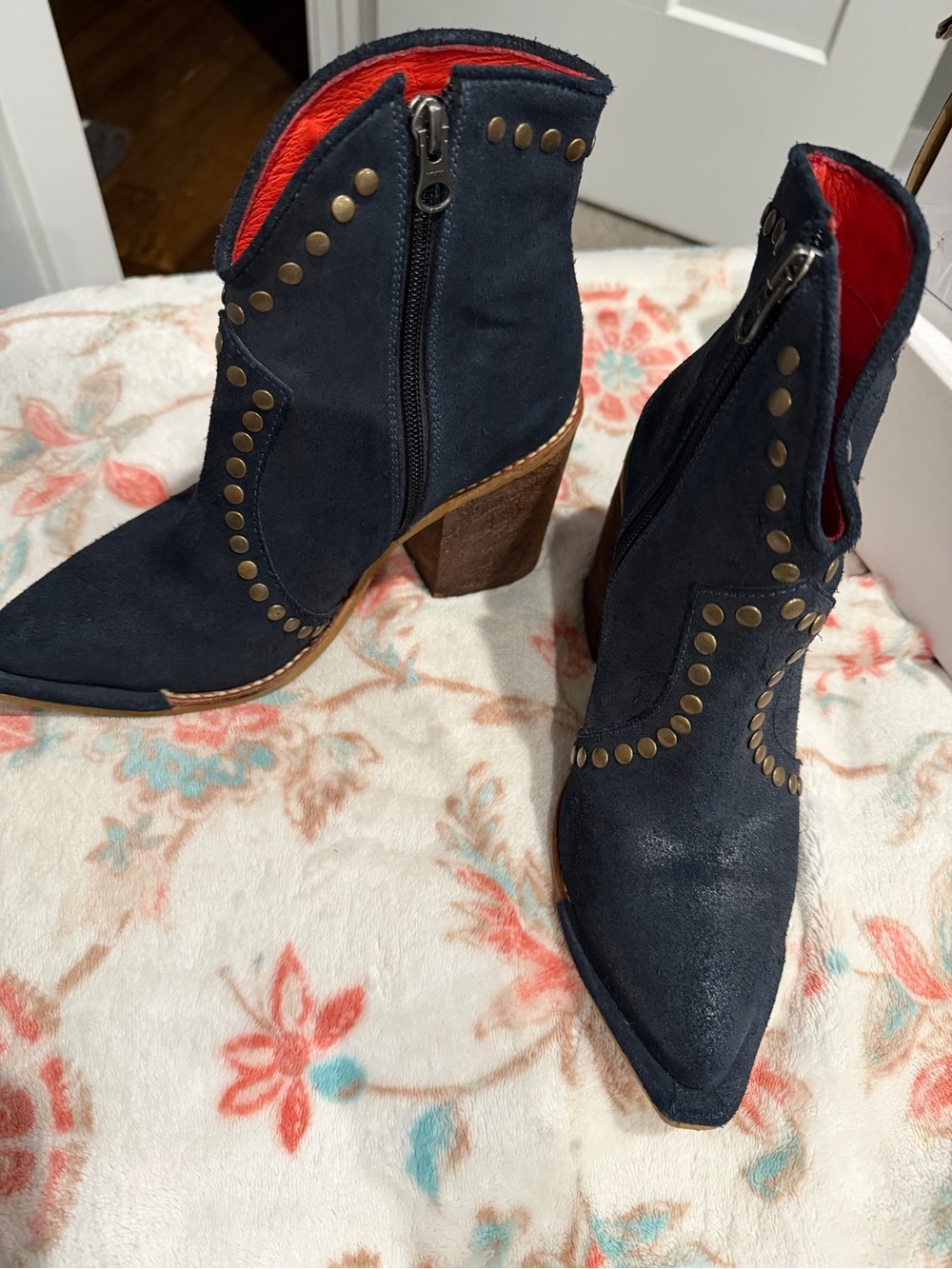 Navy Suede Studded Ankle Booties with Side Zip